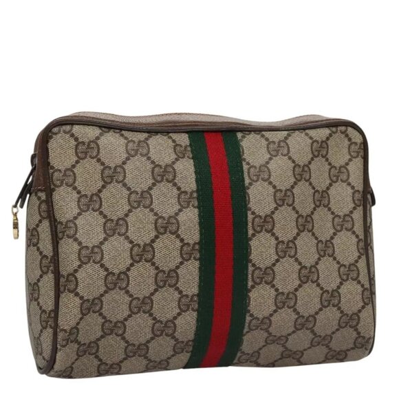 GUCCI GG Supreme Web Sherry Line Clutch Bag PVC Beige 32 014 3553 Auth 107489 - Picture 1 of 16